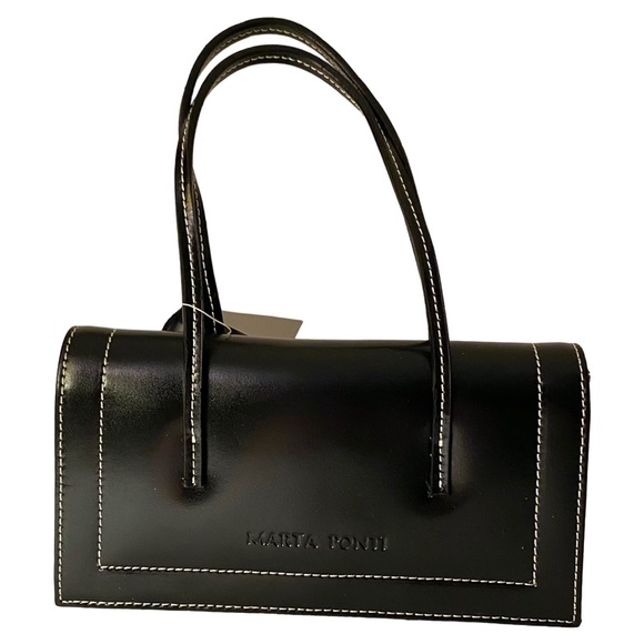 MP by MARTA PONTI Structured Black Leather Mini Handbag Cocktail Formal Baguette - Picture 1 of 16